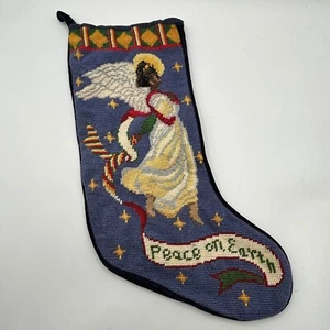 Needlepoint Christmas Stocking African American Angel Petit Point Peace on Earth - Picture 1 of 7