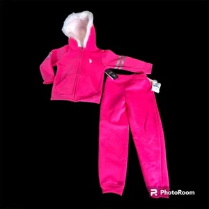 NWT US Polo Assn Girls 6 Hot Pink Faux Fur Hoodie Full Zip Sweatpants Set - Picture 1 of 14