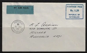 SEYCHELLES OFFICIAL 1977 POSTAGE PAID VICTORIA TO AUSTRALIA - Picture 1 of 1