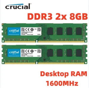 CRUCIAL DDR3 1600MHz 16GB (2x 8GB) PC3-12800 Desktop 240pin DIMM Memory RAM 16G - Picture 1 of 5