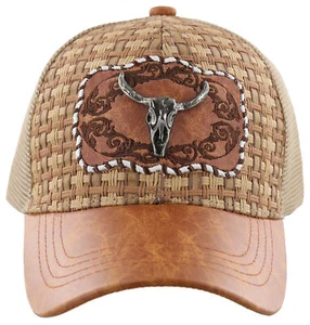 ¡NUEVO! GORRA BOLA DE CUERO SINTÉTICO DE MALLA DE PAJA CALAVERA CUERNO DE CUERO BRONCEADO - Imagen 1 de 4