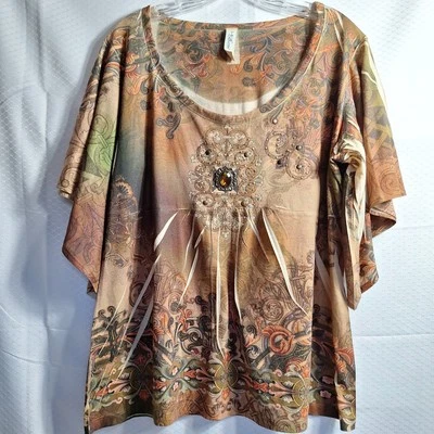 Top L.A. BLUES Art-To-Wear Talla Grande 18/20 Marrón Medallón Tachuelas Boho Whimsigoth Foto 1 de 4