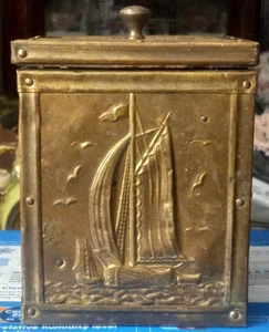 Antique Brass And Wood Sailing Ship Sailboat Tea Caddy Box - Picture 1 of 8