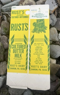 Cartón de leche Rusts Dairy sin usar Sharon PA cuarto de cuarto de leche cultivada raro Foto 1 de 2