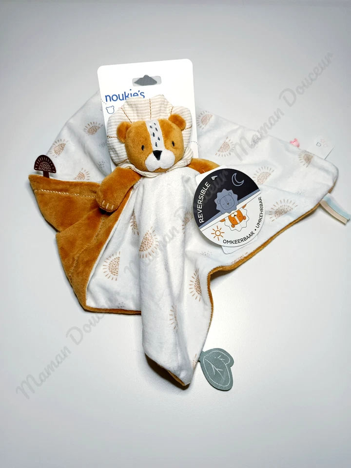 Doudou Plat/Mouchoir Babou & Kendi Lion Blanc Beige Réversible Jour Nuit Noukies - Photo 1/4