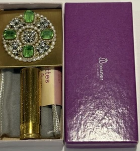 Vintage Wiesner of Miami Lippenstift Etui mit Spiegel ~ Kunstperlen ~ grüne Strasssteine ~ Box - Bild 1 von 5