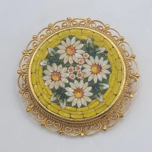Vintage Micro Mosaic Brooch Yellow Daisy Flowers Gold Tone Signed Italy - Picture 1 of 8