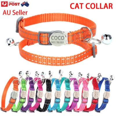 Personalised Cat Collar Nylon Custom Name / Number Bell Safe Buckle Reflective - image 1 of 4