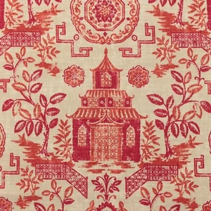 RICHLOOM TEAHOUSE CORAL RED ASIAN PAGODAS TOILE MULTIUSE FABRIC BY YARD 54"W - Picture 1 of 8