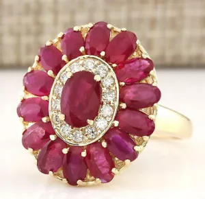4.42 Ctw Natural Ruby & Diamonds Woman Engagement Ring 10K Yellow Gold Jewelry - Picture 1 of 4