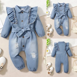 Newborn Baby Girls Ruffle Bowtie Denim Jumpsuit Romper Pants Outfit Clothes Set - Picture 1 of 16