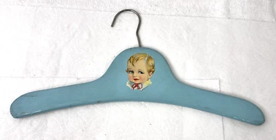 Antique Wood Baby Hanger with Sweet Little Baby Decal Painted Blue - Image 1 of 4