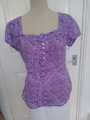 BHS Purple Multi Square Neck 100% Cotton Short Sleeve Blouse - UK Size 14 Petite - Image 1 of 4