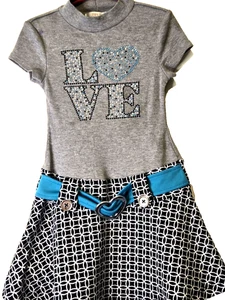 Piper Dress Girl XS 4-5 Blk Gray Teal Slvless Bling Beaded Love Heart Belt CUTE! - Picture 1 of 9