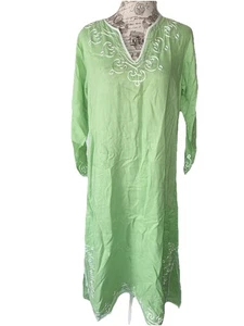 SOFT ENVIRONMENT 100% Leinen bestickt Tunika Morgenmantel grün Kaftan Maxikleid XS - Bild 1 von 10