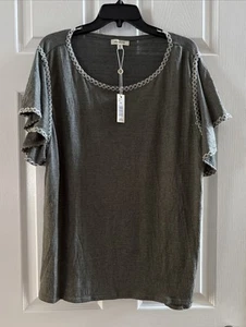 MAX STUDIO Army Green Blouse Top Size 2X Embroidered SS NWT - Picture 1 of 5