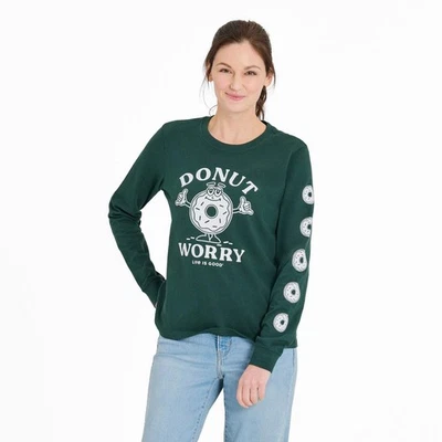 Life is Good 139543 - Women's Donut Worry Long Sleeve Crusher Tee - Treeline Gre - Image 1 of 4