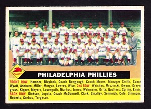 1956 TOPPS #72 PHILADELPHIA PHILLIES TEAM CARD W/ASHBURN & R. ROBERTS GRAY BACK