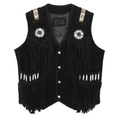 Men's Western Cow Suede Leather Vest Native American Fringe Beads Braided Trim - Image 1 of 3