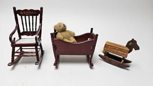 Vintage Mini Dollhouse Nursery Furniture - Cradle, Rocking Chair, Rocking Horse - Picture 1 of 13