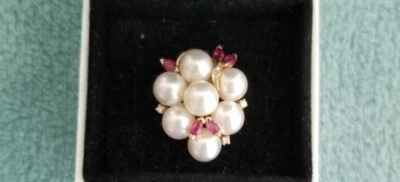 14kt Yellow Gold 585 Cultured Pearl Diamonds And Rubies Cocktail Ring - Image 1 of 4