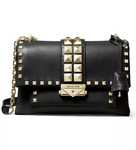Michael Kors Cece Shoulder Bag Medium Chain Black Leather Gold Hardware - Picture 1 of 5