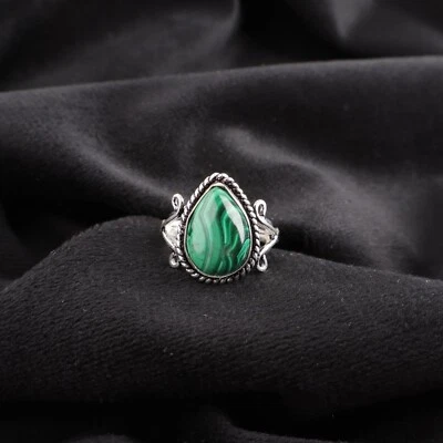 Natural Malachite Gemstone Solitaire Ring Size  925 Silver For Women - Image 1 of 4