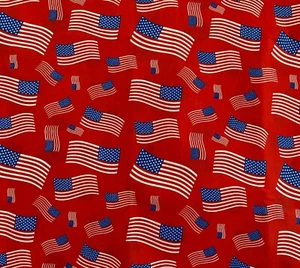 Red Fabric Patriotic American Flags Print Poly Cotton 60" Flag Fabric by yard - Picture 1 of 7