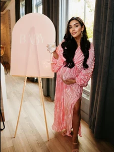 Satin Pleated Side Slit Backless Deep V-neck Maternity Maxi Dress - Picture 1 of 7