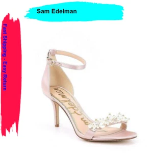 Sam Edelman Platt Pearl Detail Pink Satin Heels Ankle Strap Shoes Size 8.5 M - Picture 1 of 3
