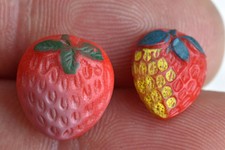 Two Vintage Red Glass Kiddie Goofie Realistic Sewing Button Strawberry Fruit