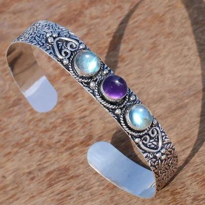 Blue Fire Labradorite & Amethyst Gemstone 925 Sterling Silver Dainty Bangle Cuff - Image 1 of 4