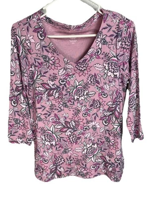 J. Jill V-Neck Floral Pima Cotton 3/4 Sleeves Top Size Small Petite - Image 1 of 4