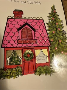 Tarjeta de Navidad de Colección Mcm Casa Rosa Años 60 Árbol Decorado Corona Ventanas Sello - Imagen 1 de 9