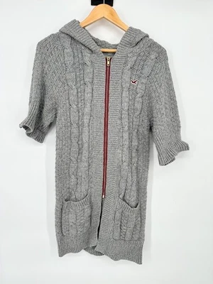 Y2K Hollister Sweater Women Medium Grey Cable Knit Long Cardigan Full Zip Hoodie - Image 1 of 4