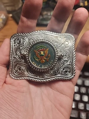Vintage Colorized Half Dollar Belt Buckle Silver Tone Floral Nice - Image 1 of 4