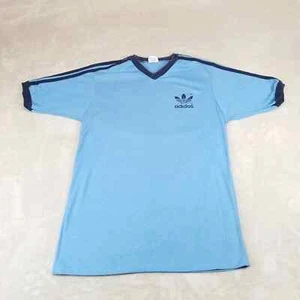 Camicia Adidas vintage uomo L blu punto singolo scollo a V trifoglio USA anni 70 - Foto 1 di 9