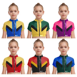 Kids Girls Jazz Hip Hop Dance Crop Tank Top Shiny Satin Zipper Gymnastics Shirts - Picture 1 of 43