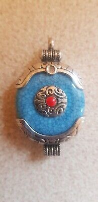 Chinese Tibetan Silver Pendant  With Turquoise And Red Coral Did Centre • 12.99£