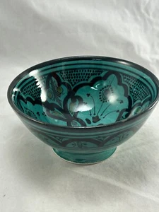 VINTAGE hand painted SAFI MOROCCAN pottery turquoise/green dip bowl - Picture 1 of 10