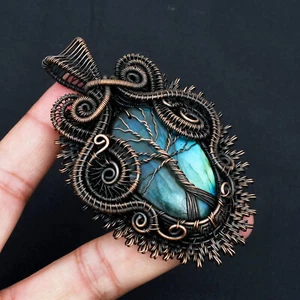 Natural Blue Fire Labradorite Gemstone  Wire Wrapped Copper Pendant Jewelry - Picture 1 of 4