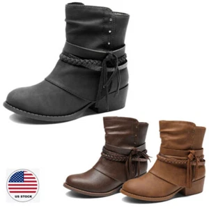 Girls Youth Ankle Boots Side Zipper Fashion Boots Block 1.2 inch Heels Boots - Picture 1 of 28