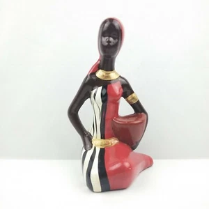 African Folklore Ceramic Figurine Lady Sitting Down Red White Black Gold Painted - Picture 1 of 10