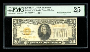 DBR 1928 $20 Gold Certificate STAR Fr. 2402* PMG 25 Serial *00305831A - Picture 1 of 2
