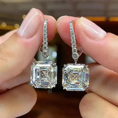 4 Ct Asscher Lab Created Diamond 14K White Gold Over Dangle Earrings for Women - Image 1 of 4