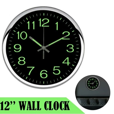 Large 12 inch Modern Battery Wall Clock Luminous Glow Night Light Quartz Silent - Image 1 of 4