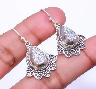 Pendiente Bali Plata Titanio Ágata Drusy Plata de Ley 925 1.56" E_9344_128_35 Foto 1 de 4