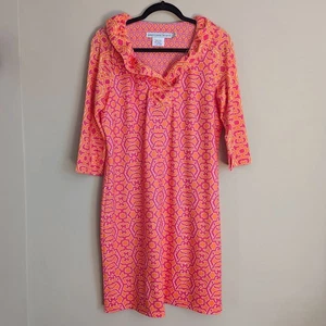 Gretchen Scott Pink & Orange Ruffneck Shift Dress Size L Knee Length 3/4 Sleeve - Picture 1 of 8