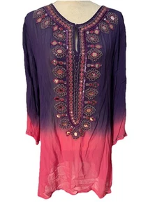 Chicos 3 Ombre Sheer Tunic Top Swim Cover-Up Beaded Embroidered Pink Purple XL - Picture 1 of 11
