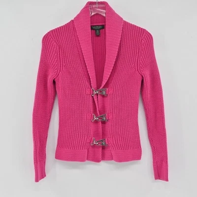 Cardigã feminino Ralph Lauren suéter tamanho PXS malha rosa quente algodão xale colarinho - Imagem 1 de 4